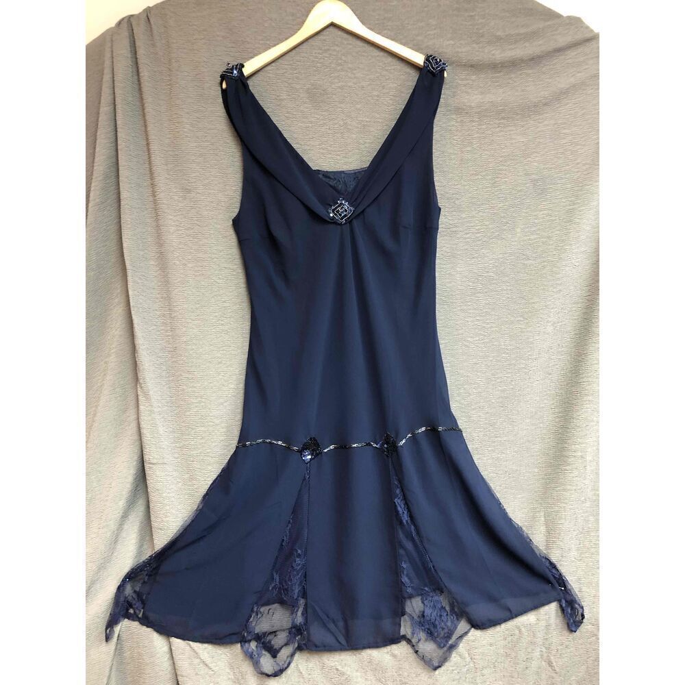 Unique Vintage Navy Sleeveless V-Neck Sheer Overlay Evening Dress 2XL